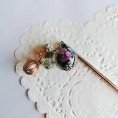 ブラック　カラフルとんぼ玉　大玉ビーズ付き　シルバー　簪　かんざし