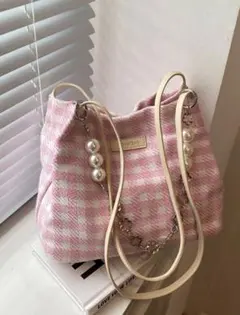 【美品】ピンクギンガムチェック　パールスクエアバッグ