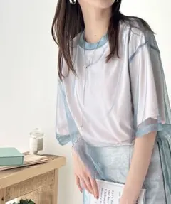 新品《JaVa ジャバコラボ》チュールレイヤードバックプリントシンプルTシャツ