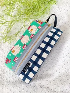 マチが広がるファスナーポーチ/ポップコーンキャット/グリーン/ハンドメイド