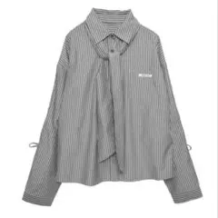 Amly City ボウタイつきラインストーンギャザーシャツ bluecheck