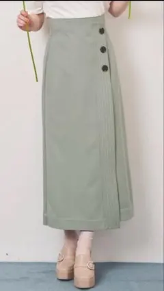 トランテアン　フロントボタン配色ステッチスカート　グリーン