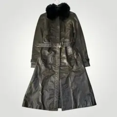 希少 ヴィンテージ 牛革 レザー ロング コート ポッサムファー ベルト カーキ