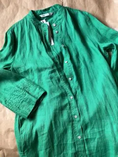 ZARAザラ　麻リネン　ロングシャツ　ネオングリーン系　未使用品