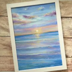 オイルパステル画　夕陽と海　※20 B5サイズ