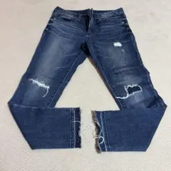 GU デニム　ストレッチ　スキニーパンツ　S ダメージ　ブラック　切りっぱなし