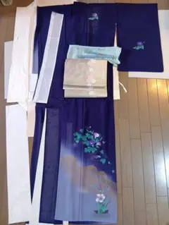 夏着物　絽　朝顔　付下げ　正絹　紗帯.帯締.帯揚セット　背身丈163cm