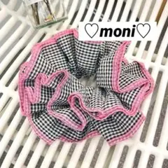シュシュ　ボリューム　フリル　ヘアアクセサリー　59 チェック　ブラック　ピンク