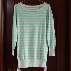 【LITIRA】ニット ロング 長袖 グリーン 緑 銀糸 ラメ ボーダー 美品のサムネイル