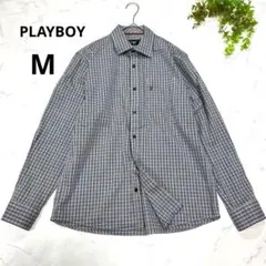 【美品】プレイボーイ◆チェック柄 長袖シャツ(M)グレー　うさぎ刺繍　コットンのサムネイル