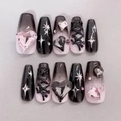 ネイルチップ フレンチガーリー 地雷系 量産型Y2K ピンク スナ系 黒 リボン