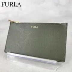 美品 FURLA フラットポーチ マルチケース カーキ サフィアーノレザー