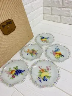 新品 楽しい果樹園 花＆果物柄 花型硝子皿５枚 ファンシークラフトグラス　ガラス