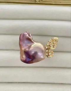 本真珠　淡水バロックパール　メタリックピンク　虹パープルダブルリングフリーサイズ