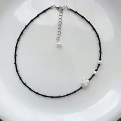 №824　淡水パール×3分竹ビーズチョーカー・ネックレス　ハンドメイド