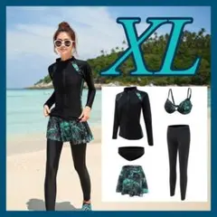 ラッシュガード レディース 水着 5点セット 体型カバー 黒 ボタニカル XL