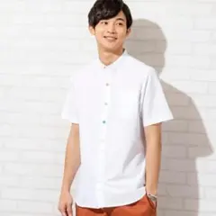【coen】 クレイジーボタンオックスフォードバンドカラー半袖シャツ　白