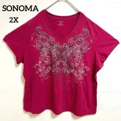 ソノマ バタフライ柄 Vネック 半袖 Tシャツ 2X 濃桃 綿 大きいサイズのサムネイル