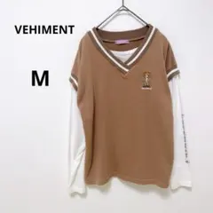 ビーアメント　ブラウン Vネック 長袖Tシャツ　カジュアル　くま刺繍　重ね着風