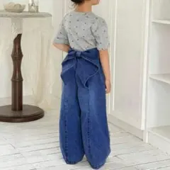 キッズ　バックリボン　デニム　ダークウォッシュ ゴムウエスト 115