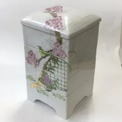 アンティーク　陶器お重四段　梅花に鶯図　寿峯印　盛り上げ絵付　有田焼