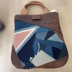 柿渋染め古布酒袋藍染め庄内刺し子木札古鍵チャーム付リメイク手作り2wayバック 柿渋染め古布酒袋藍染め庄内刺し子木札古鍵チャーム付リメイク手作り