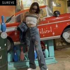 Shoko×アベイル ダメージデニムワイドパンツ ブルー 58