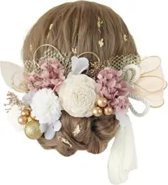 髪飾り　ドライフラワー　成人式　水引金箔　ベージュ