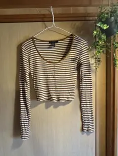 FOREVER 21 ボーダー 長袖 リブカットソー ブラウン XS
