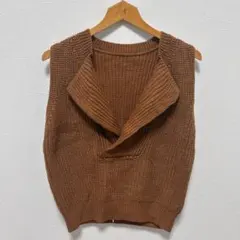美品　ブラウン ノースリーブニット ショールカラー　秋冬服