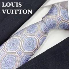 LOUIS VUITTON モノグラムフラワーLVロゴ入 ネイビーシルクネクタイ