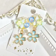 ハンドメイドイヤリング【No.70】痛くない 蝶バネ パール ガラス 蝶 花 桜