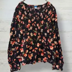 ✨美品✨OLD NAVY 花柄 ペプラムブラウス 長袖 L ブラックのサムネイル