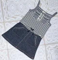 ボーダー フリル デニム風 ドッキング キャミワンピース グレー y2k 女の子