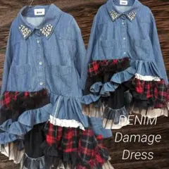 L　デニムダメージドレス　ビジュー　前開きチュニック　一点物　古着リメイク