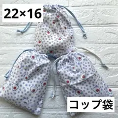 給食袋 コップ袋 ハンドメイド 2枚セット いちご お花 水色