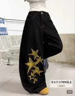 レディース 刺繍入り カーブドレッグ ルーズ ワイドレッグ ジーンズ