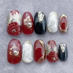 ネイルチップ　成人式　卒業式　振袖　和柄　赤　レッド