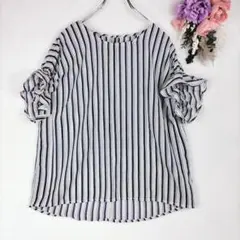 SHOO-LA-RUE　ストライプ　フリル袖トップス　L　体型カバー