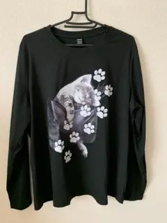 猫プリント 長袖Tシャツ　黒　XL