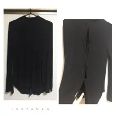 背中編み上げ 袖ロング＆フレア デザイン タートルネックシャツ 長袖 ブラック