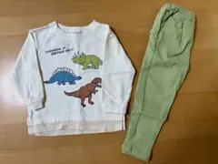 恐竜イラスト長袖Tシャツ＆カーキパンツセット