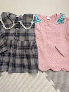 テータテート　長袖チェック柄シャツ＆水玉ピンクトレーナー　80-90