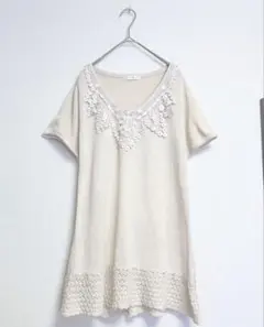natural cheek レース ニットチュニック M ベージュ 透かし編み