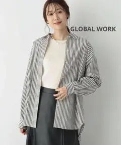 GLOBAL WORK 365日マイスタイルシャツ　グレージュストライプ　M