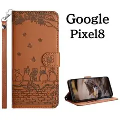 Google Pixel8 ケース 手帳型 猫柄 ブラウン レザー カバー