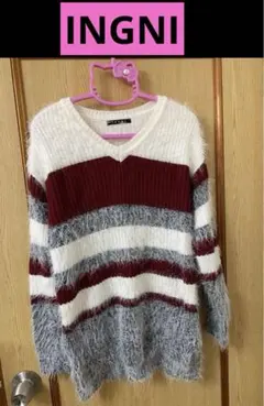 INGNI イング◆Vネック ボーダーニット チュニック(M)シャギーニット