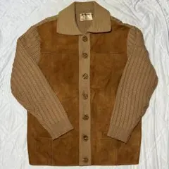 60s～70s WHITE RAM ヌバックレザー×ニット 切替ブルゾン M
