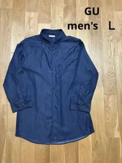 ダークブルーデニム風シャツ 七分袖ボタンダウン