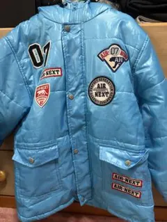 水色 中綿コート パッチ付き ファー付き